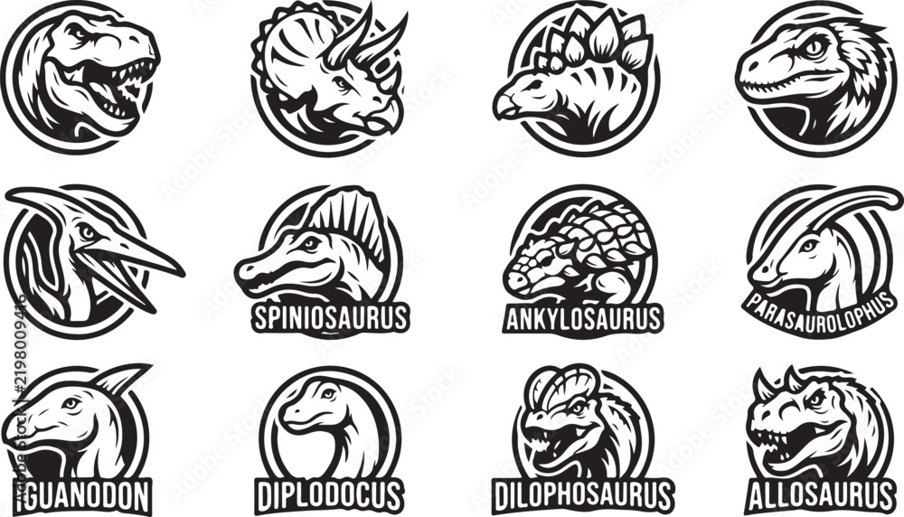 Obraz premium Set of dinosaur head in circular badges featuring t-rex, triceratops, stegosaurus, raptor, pterodactyl, spinosaurus, and other species