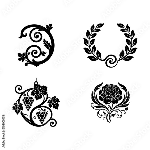 Decorative floral and vine design elements with grape and leaf illustrations, black and white