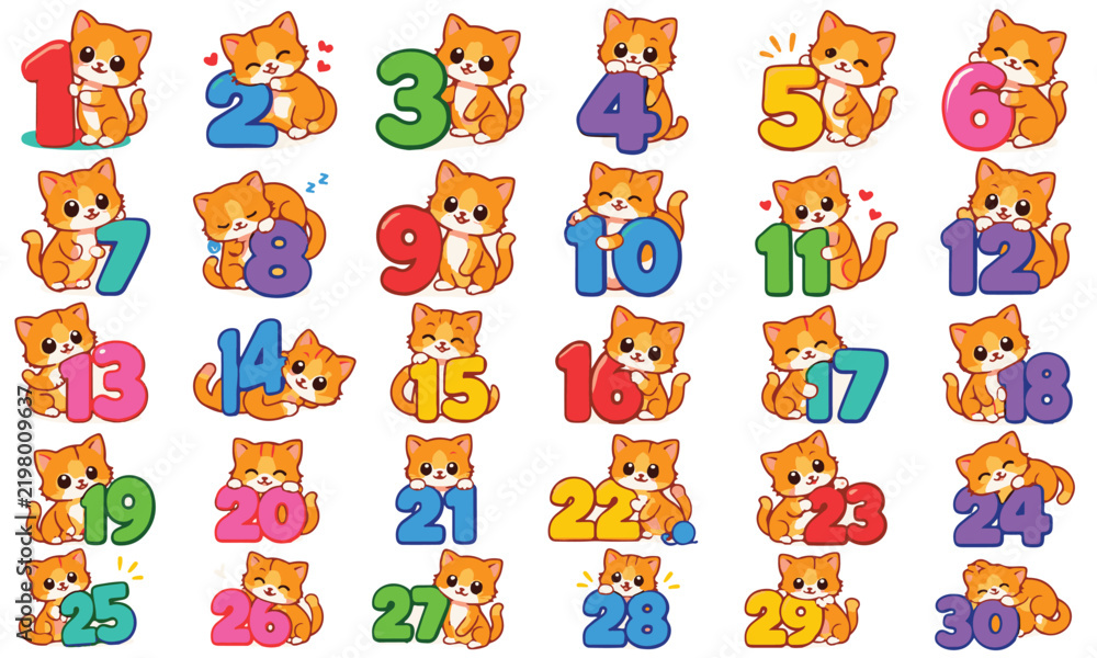 Obraz premium Cute Orange Cat Numbers 1-30 Counting Icons for Kids Education