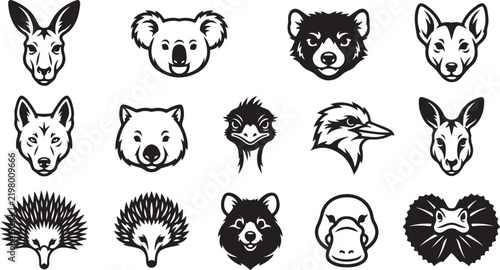Foto Set of twelve black and white australian animal head featuring a kangaroo, koala
