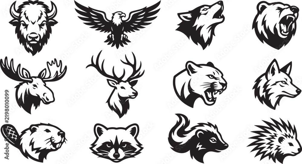 Fototapeta premium Set of twelve black and white north american animal head featuring buffalo, eagle, wolf, bear, moose, deer, and raccoon