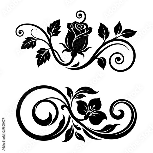 Black silhouette set of rose flower and floral decorative flourish with floral ornament