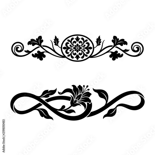 Set of two decorative black flourish patterns with flower and round ornament