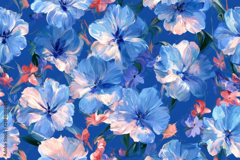 Obraz premium Painterly digital illustration of a seamless blue floral wallpaper with colorful blossoms and oil-paint texture