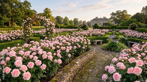 Lush formal English garden path lined with blooming soft pink roses, stone walls, decorative arches, and a classic manor estate in the background.   