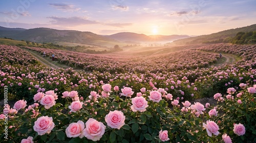 Vast field of blooming soft pink roses stretching across a rolling valley at sunrise with warm morning light, mist, and distant hills.   