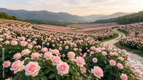 Vast field of blooming soft pink roses stretching across a rolling valley under a warm sunset light with a winding country road and distant mountains.   