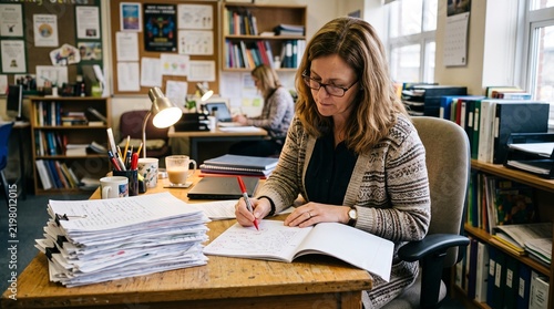 Teacher Grading Student Papers in Authentic Classroom Office