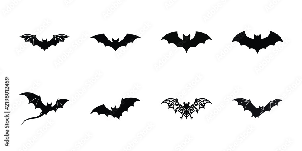 Fototapeta premium Black bat silhouettes in various flying and hanging poses on white background