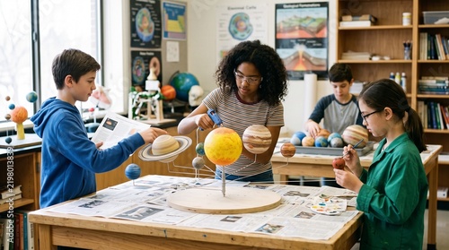 Diverse Students Building a Solar System Model in Science Class