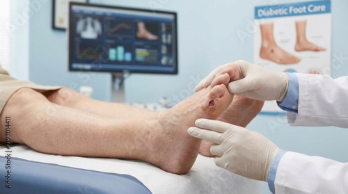 Diabetic foot assessment: examine ulcer, medical clinic, prevent amputation, treat wound, analyze lesion, glove hand, provide therapy, diagnose neuropathy, check circulation, monitor health.