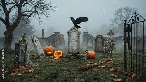Spooky halloween graveyard scene featuring a black raven perched on a tombstone, glowing jack-o-lanterns, and a rustic broom on foggy ground