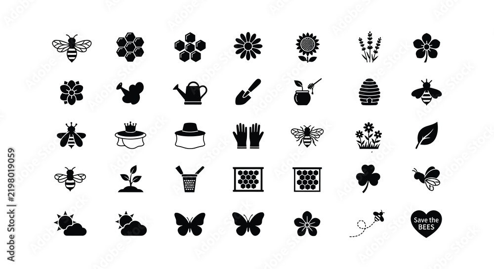 Obraz premium Collection of flat vector bee and floral icons on a white background