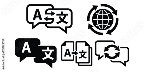 Foto Collection of translation icons featuring speech bubbles and document conversion