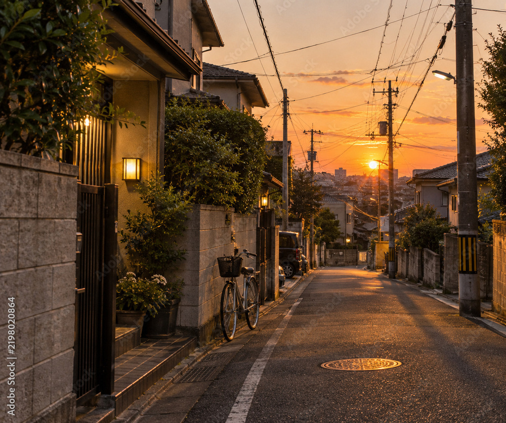 Obraz premium Quiet Japanese Residential Street at Sunset with Traditional Houses