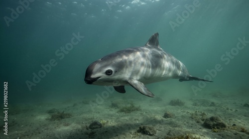 A rare vaquita porpoise swims smoothly just above the sandy seabed in clear water, illuminated by soft sunlight filtering from the ocean surface.