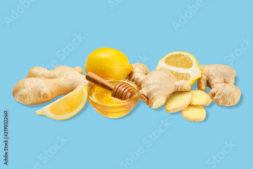 Картината върху платно Fresh ginger root, honey, and lemon are beautifully arranged