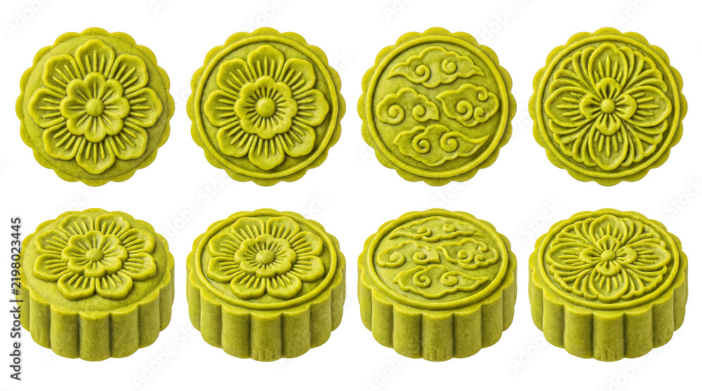 Obraz premium Eight green mooncakes with intricate patterns, top and side views
