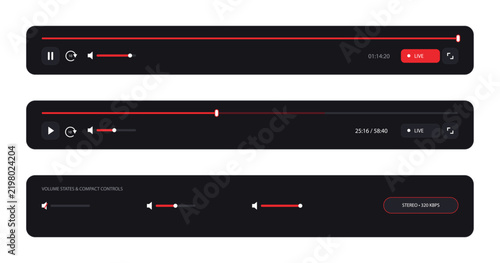 Video player control bar set with live stream indicators and volume slider states