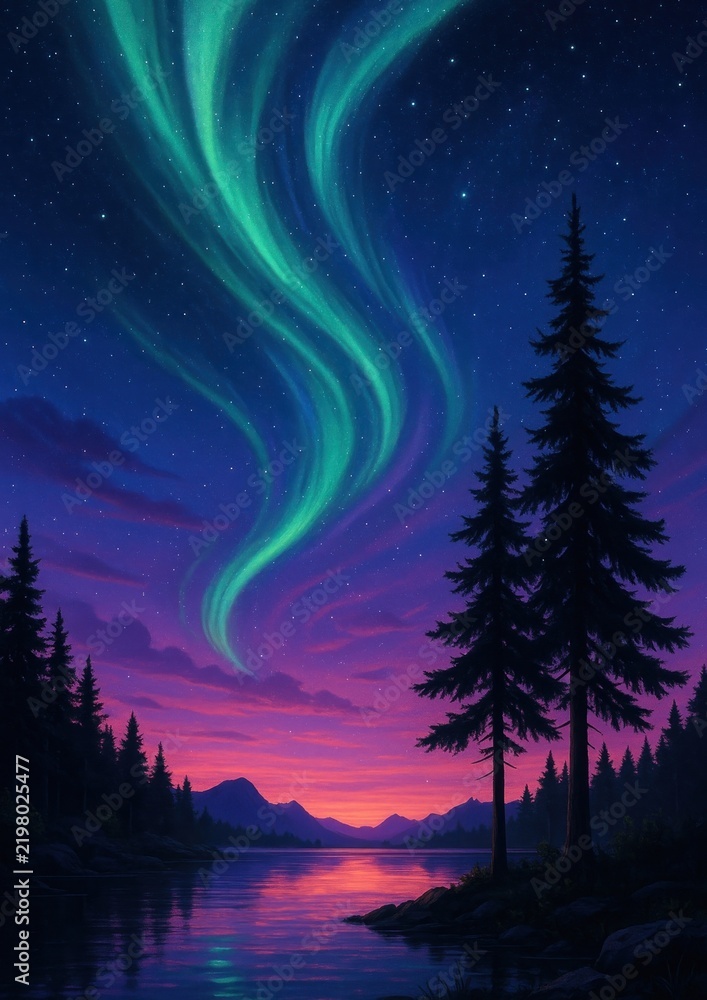 Fototapeta premium Aurora over serene twilight landscape.