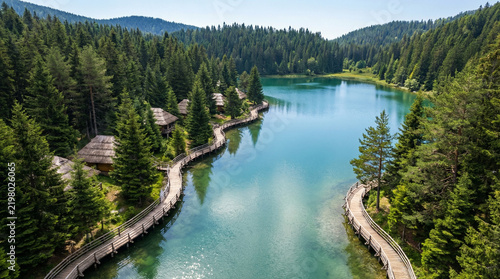 Aerial view of a tranquil mountain lake surrounded by evergreen trees  