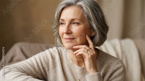 Elegant older woman thoughtfully gazing while resting at home  