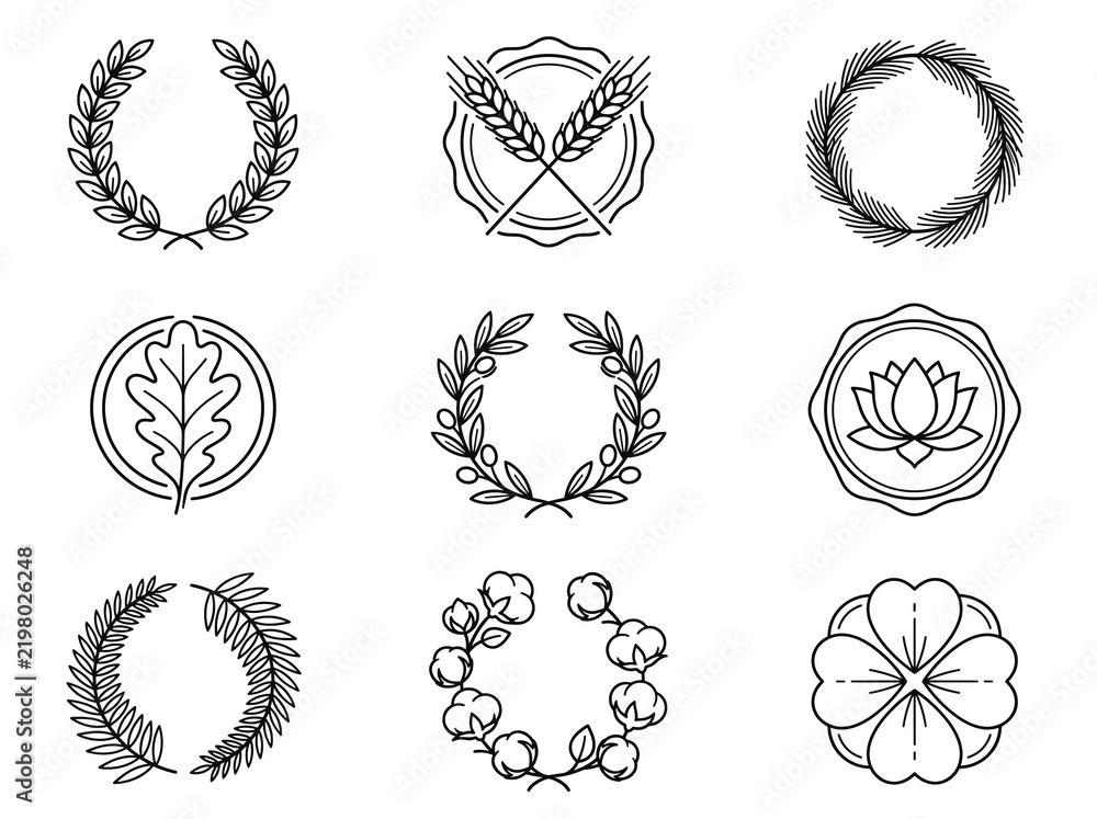 Fototapeta premium A collection of nine simple, elegant line art wreaths and frames in various botanical and floral designs, perfect for minimalist branding, logos, and decorative elements