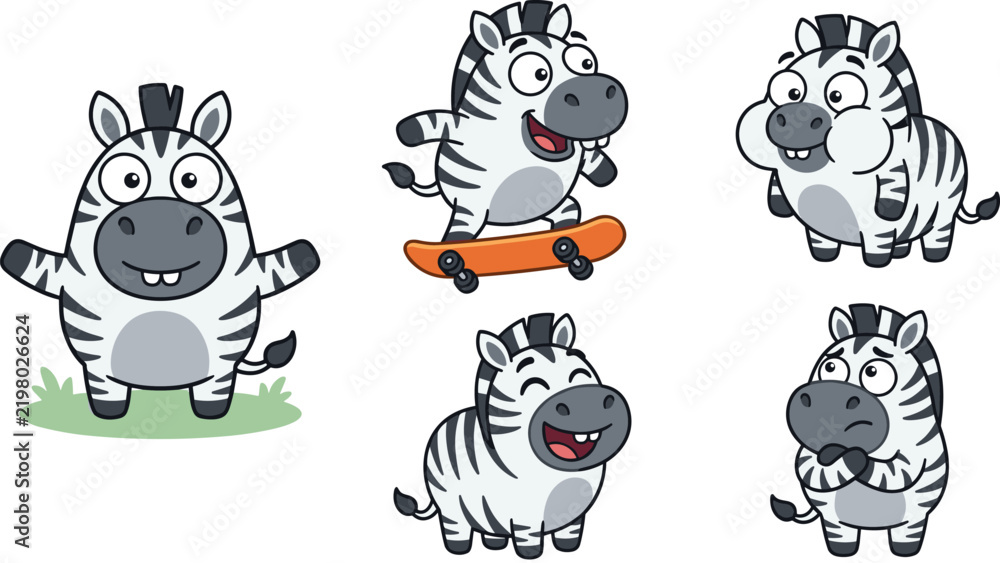 Obraz premium Cute Cartoon Zebra Collection Featuring Funny Striped Animals Skateboarding, Smiling, Waving, Laughing, and Making Playful Expressions for Kids and Safari Designs