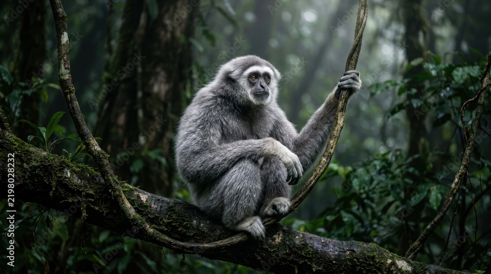 Fototapeta premium Silvery Gibbon Primate in Misty Javanese Rainforest Cinematic Wildlife Photography