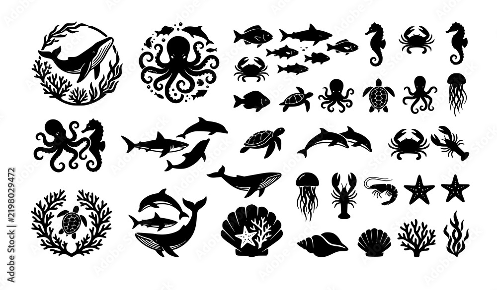 Obraz premium sea, animal, marine, whale, octopus, shark, dolphin, jellyfish, crab, seahorse, fish, coral, icon, set, collection, silhouette, solid, black, vector, symbol, design, illustration, ocean, aquatic, wild
