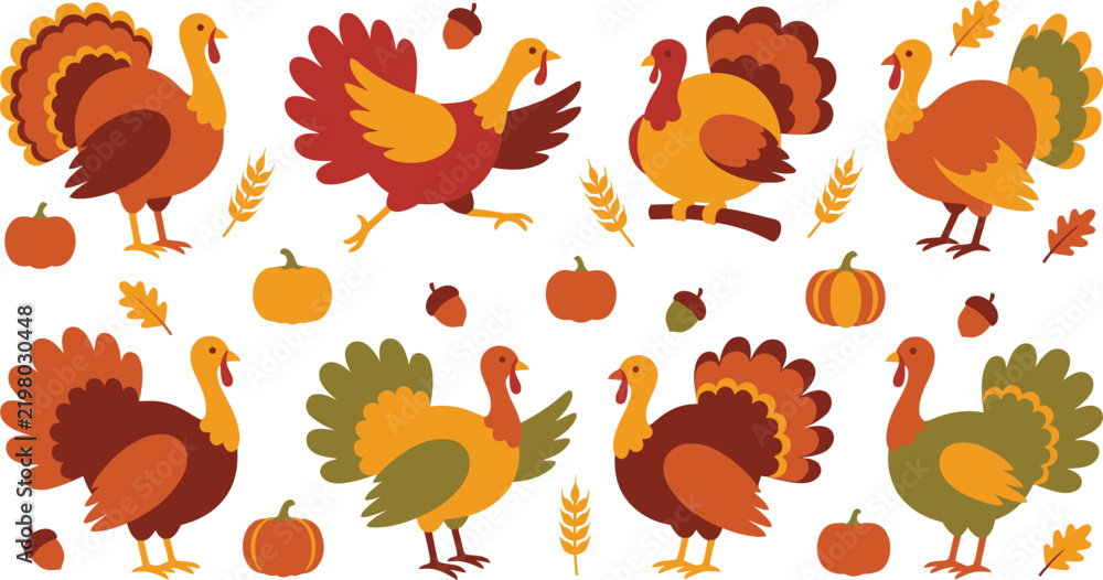 Obraz premium Thanksgiving turkey vector set, autumn harvest bird collection with pumpkins and acorns, flat style holiday turkey illustrations for seasonal design