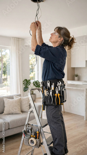Female electrician replacing ceiling light fixture in modern home working on step ladder daylight photo