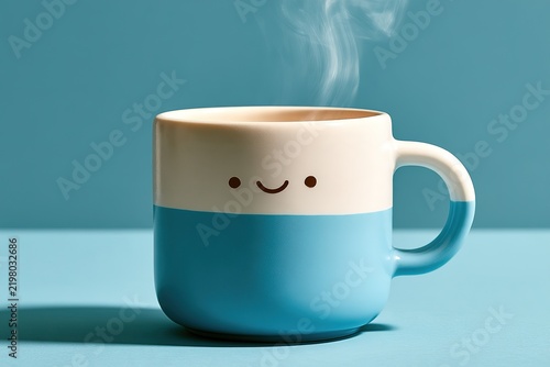 Cute smiling face coffee mug with steaming hot drink on blue table symbolizes morning happiness mood.