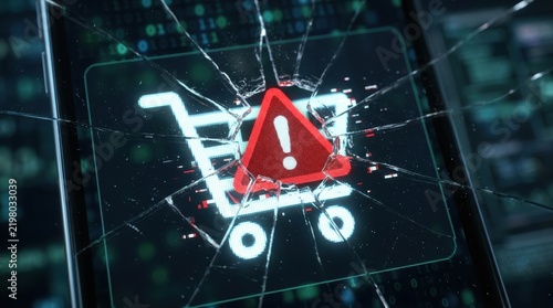 ecommerce warning shopping cart risk Smartphone screen with cracked glass showing shopping cart and warning icon.