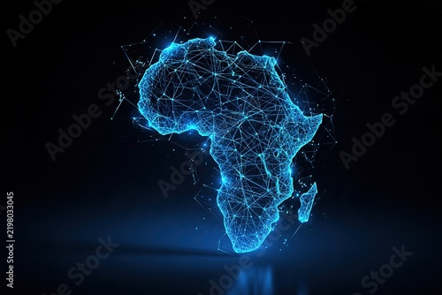 Glowing blue network grid mapping africa continent for global technology connectivity and communication.