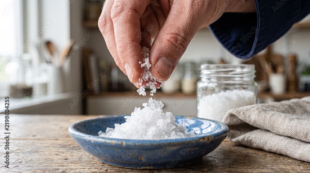 Fototapeta premium Chef pinches flaky sea salt for culinary tasting