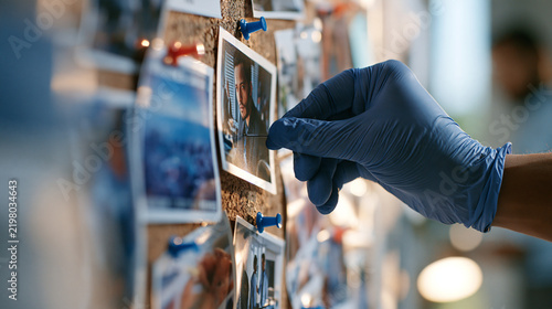 Photorealistic close-up of investigator hand pinning a photo to evidence board while wearing nitrile gloves, technically plausible evidence handling, natural light, shallow depth