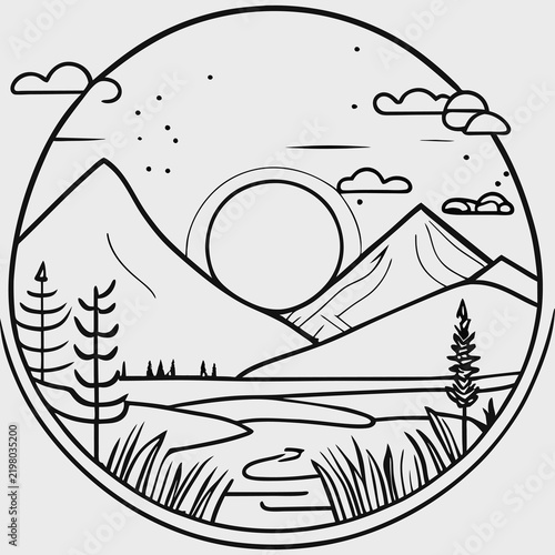 Circular line art landscape showing sun rising over mountains, river, pine trees, and starry sky.