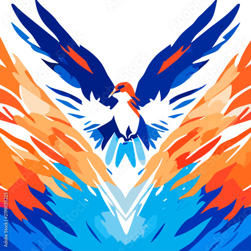 Dynamic illustration of a bird rising with spread blue and white wings surrounded by orange flame accents.