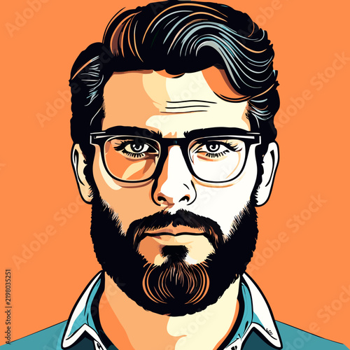 Stylish man with a dark beard and eyeglasses depicted in a vibrant pop art portrait.