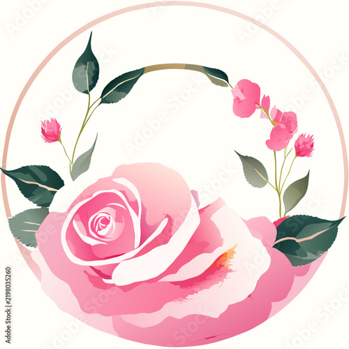Circular frame featuring a pink rose blossom surrounded by delicate buds and green leaves.