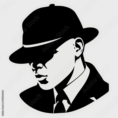 Black silhouette illustration of a secret agent or detective wearing a fedora hat and suit.