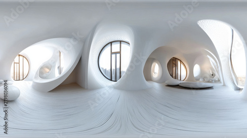 360 degree panorama view.A virtual 3D room shows a minimalist design with simple white shapes.  It's an abstract interior, viewable in all directions.