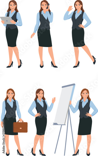 Business woman character vector set featuring professional poses with tablet phone briefcase and flipchart
