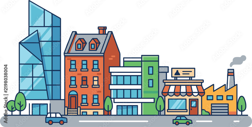 Obraz premium Flat vector illustration of a city street with glass skyscraper, brick apartment building, shops, factory, trees and cars driving on the road