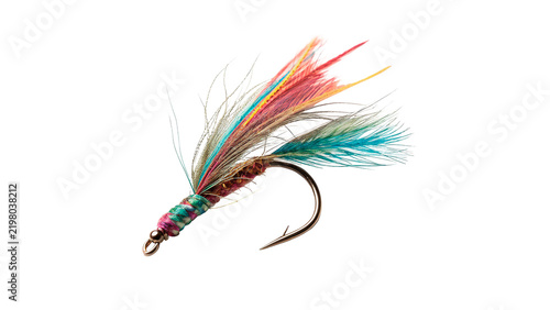 Bild auf Leinwand Colorful artificial fly fishing lure hook isolated on dark background