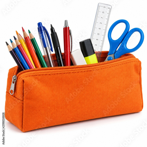 Orange Pencil Case with Stationery Isolated on White