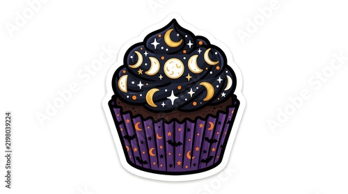 Sticker illustration of a spooky celestial cupcake with dark frosting decorated with golden crescent moon and star patterns for Halloween