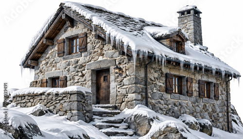 Isolated Stone Mountain Refuge with Snow and Ice Roof
