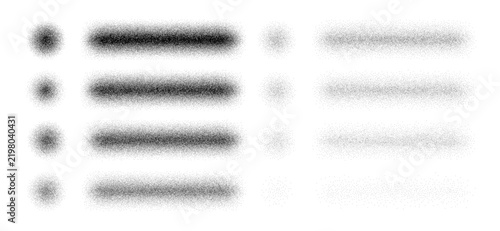Stipple grain brush set with dotted particle bars, circles and soft halftone shadows, monochrome noise texture elements for overlay. Vector isolated set